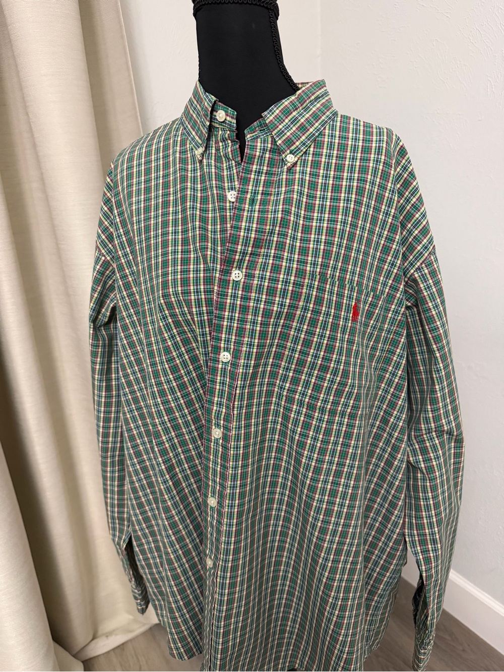 Vintage Ralph Lauren Green Plaid Blake Button-Down Shirt with Red Pony